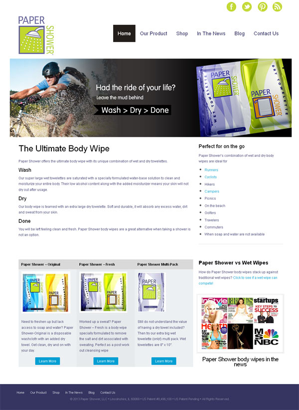 paper shower body wipes web site redesign